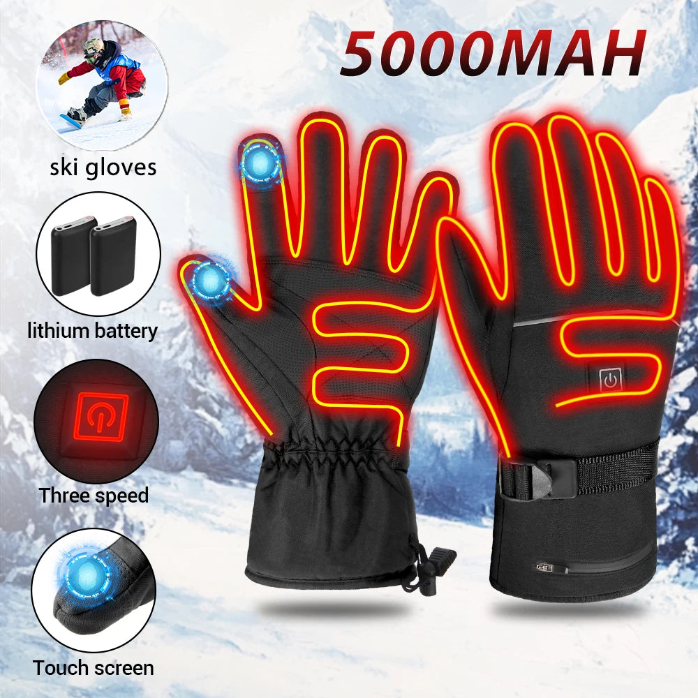 Winter Warm Moto Heated Gloves Rechargeable 5000Mah Ski Electric Heated Gloves Outdoor Windproof Bicycle Heating Gloves Men